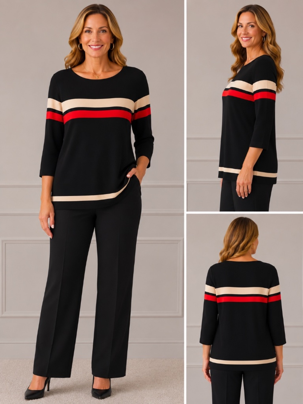 Jones New York Signature Woman 2X Black Beige Red Striped Sweater Top